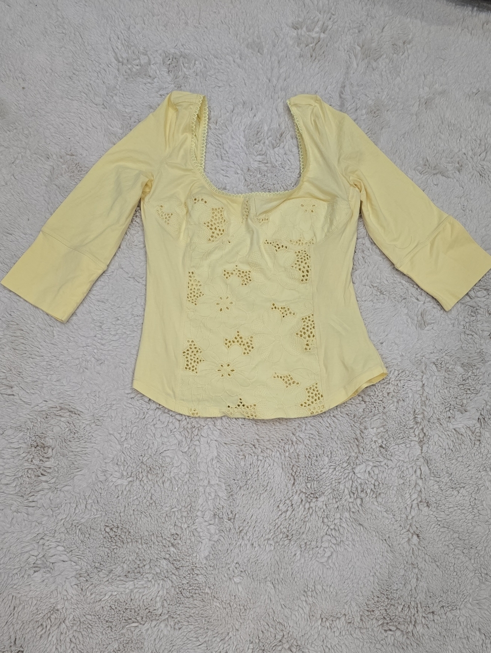 Feminine Pastel Yellow Eyelet Scoop Neck Blouse